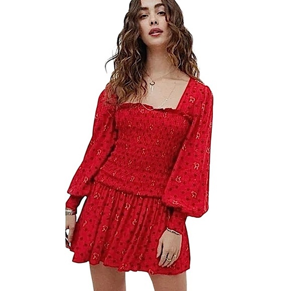 Free People Two Faces Mini Dress ruby red floral smocked long sleeve XS boho - Picture 4 of 16